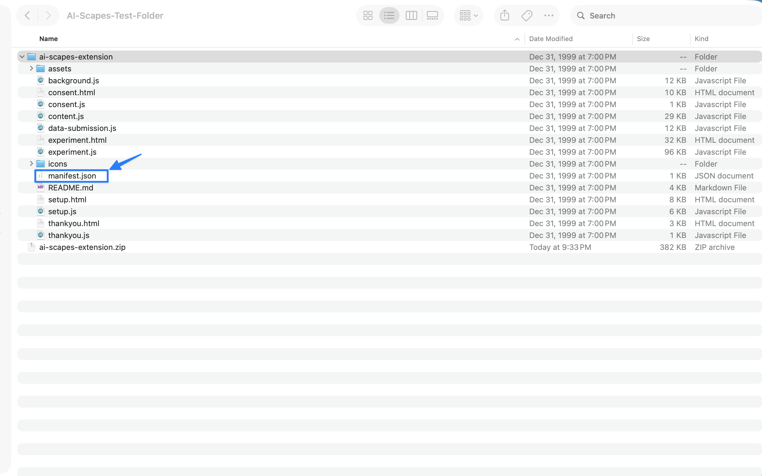 Finder window showing the unzipped ai-scapes-extension folder on macOS, with manifest.json visible at the top level alongside background.js, content.js, experiment.html, and the icons/ and assets/ folders.