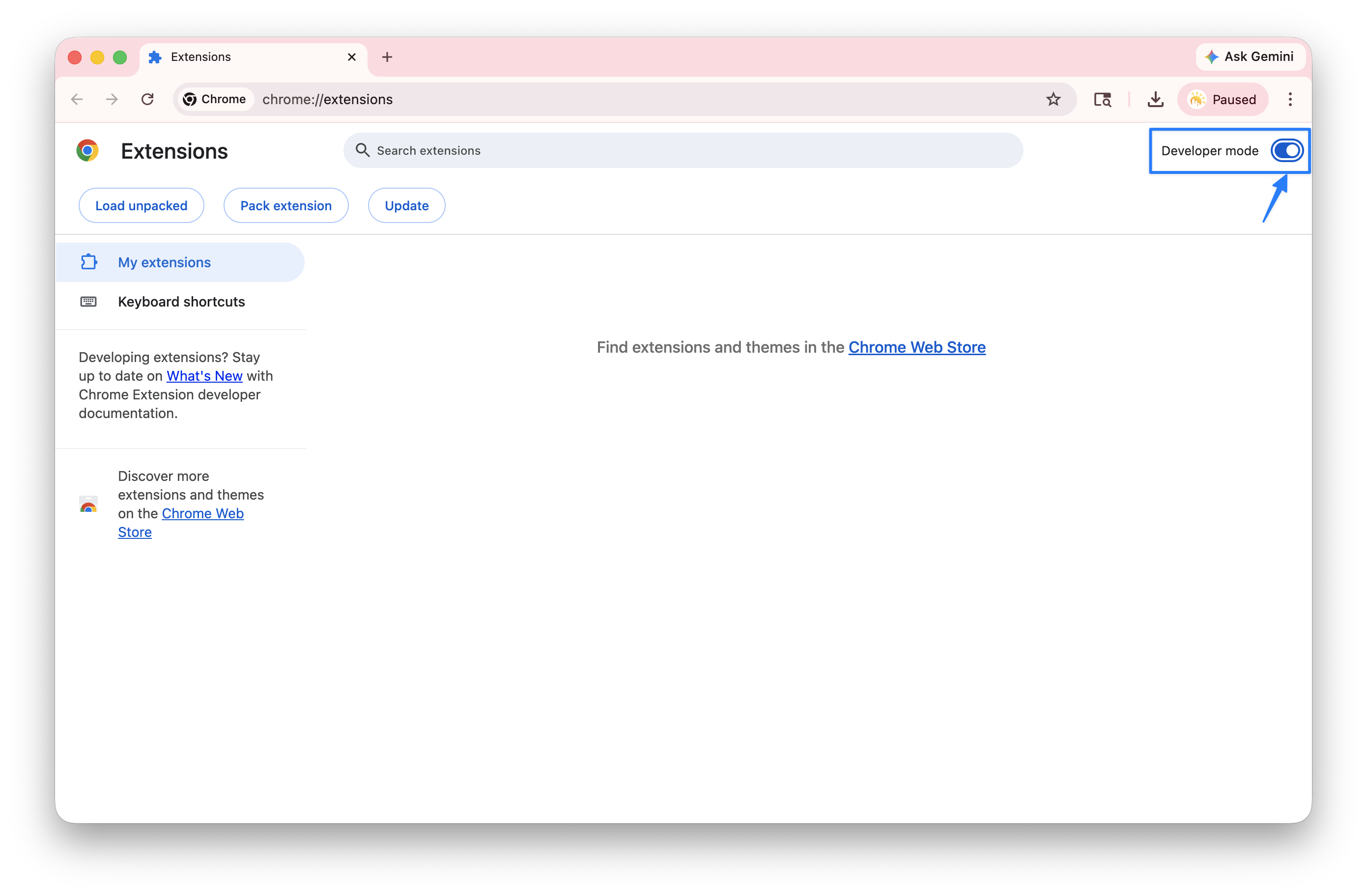 Chrome's chrome://extensions page on macOS with the Developer mode toggle in the top-right switched on.