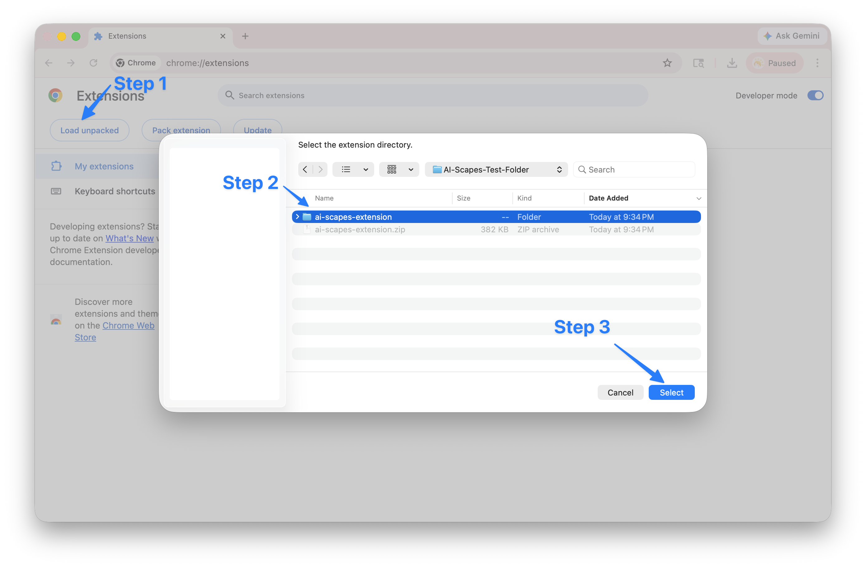 Finder file picker on macOS with the ai-scapes-extension folder selected, ready to be confirmed via the Select button.