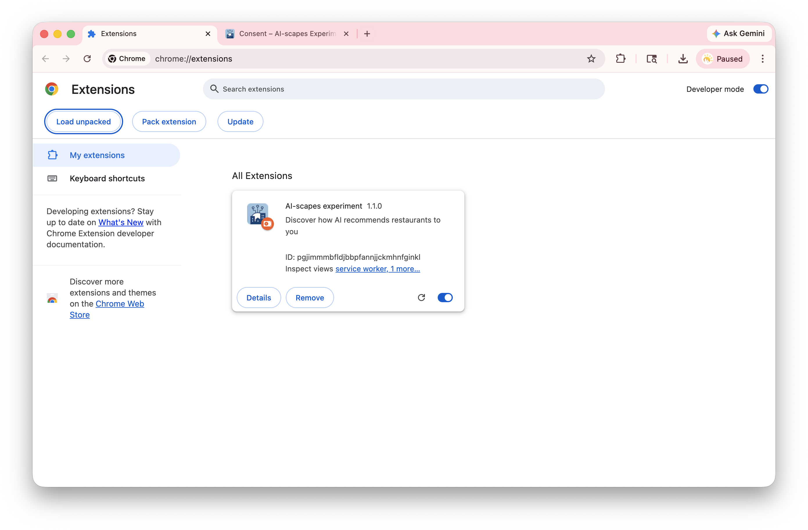 chrome://extensions showing the AI-scapes experiment card loaded, with version, ID, Details, Remove, and Errors buttons visible.