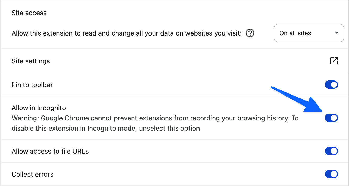 Chrome extension settings page showing the Allow in Incognito toggle switched on.